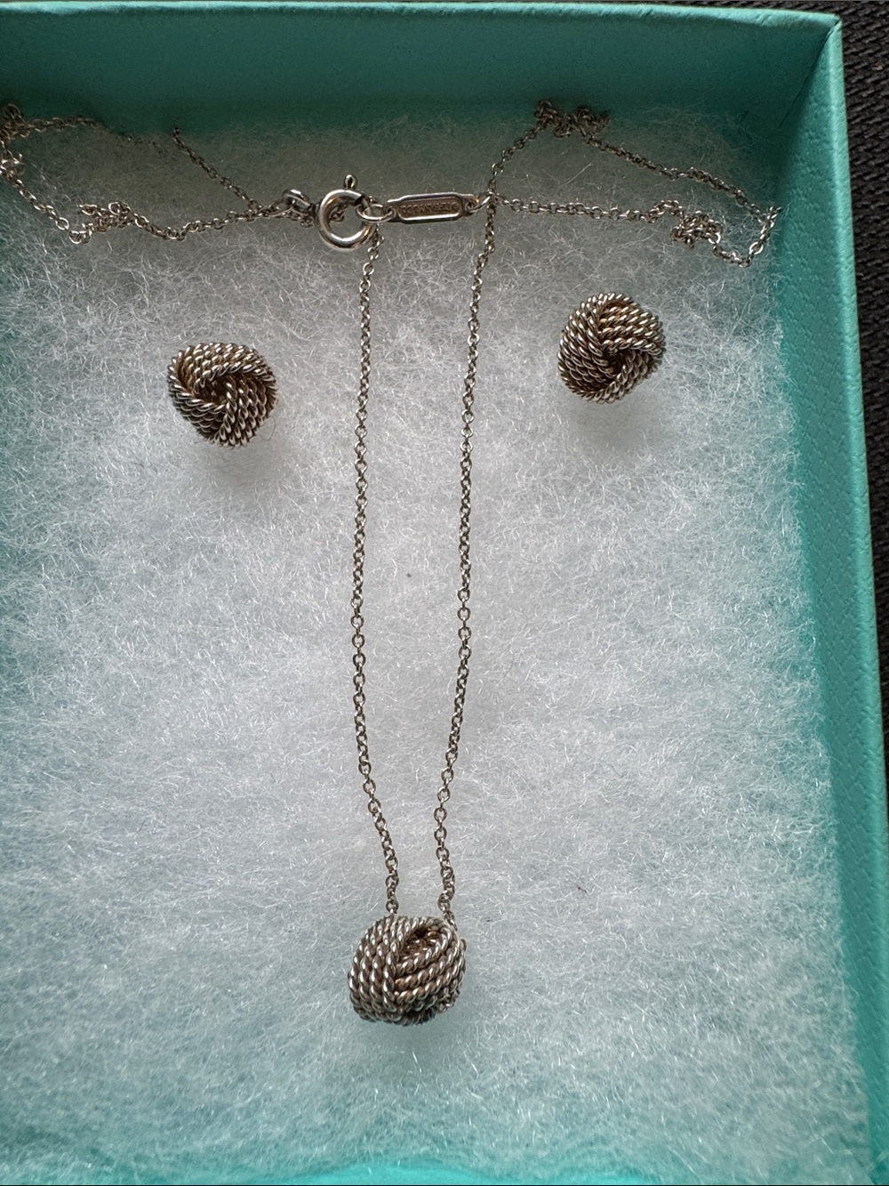 Tiffany & Co. Silver Rope Knot Pendant Necklace with Stud Earrings - Silver